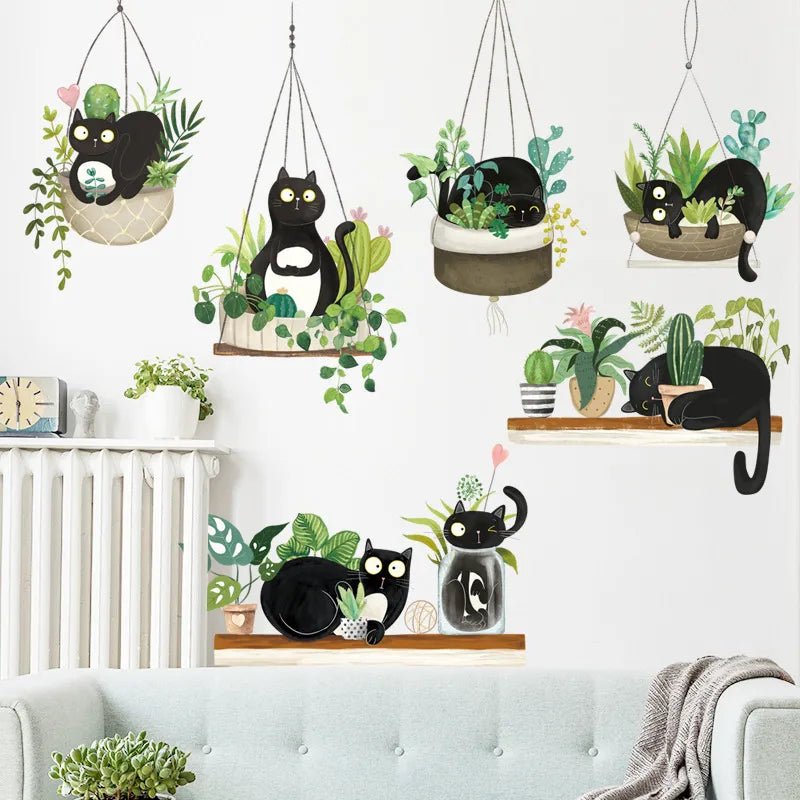 Cat Wall Stickers Fun Hanging Plant Basket Home Decor Decals | Pet Wall Art Decor - Cozy Home Design - 14:200003699;5:1105#Large